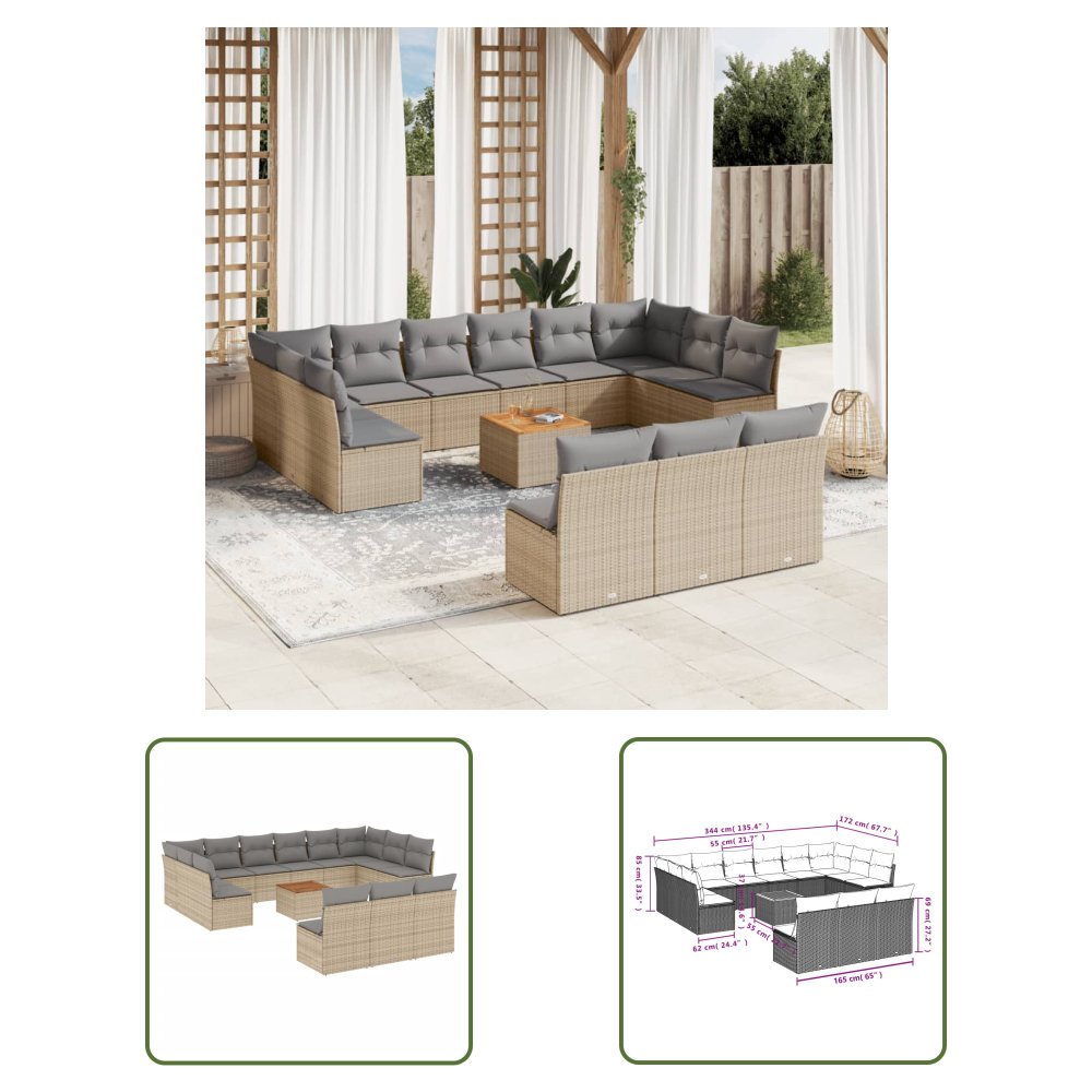 The Living Store 14-cz. zestaw mebli ogrodowych z poduszkami - beżowy - polirattan - Sofa Ogrodowa