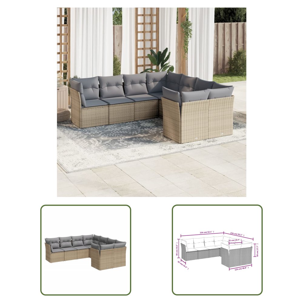 The Living Store 8-cz. zestaw mebli ogrodowych z poduszkami - beżowy - polirattan - Sofa Ogrodowa