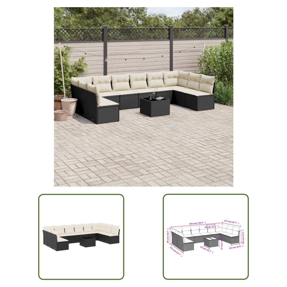 The Living Store 11-cz. zestaw wypoczynkowy do ogrodu - poduszki czarny rattan PE - Sofa Ogrodowa