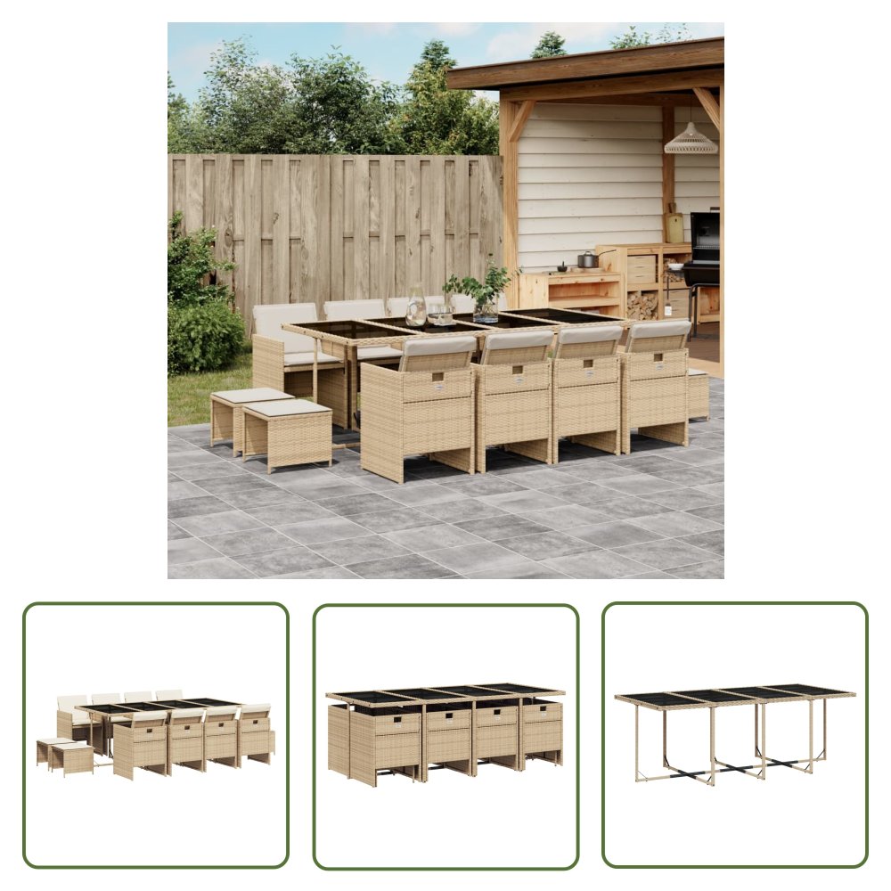 The Living Store 13-cz. zestaw mebli ogrodowych z poduszkami - beżowy - polirattan - Meble Ogrodowe