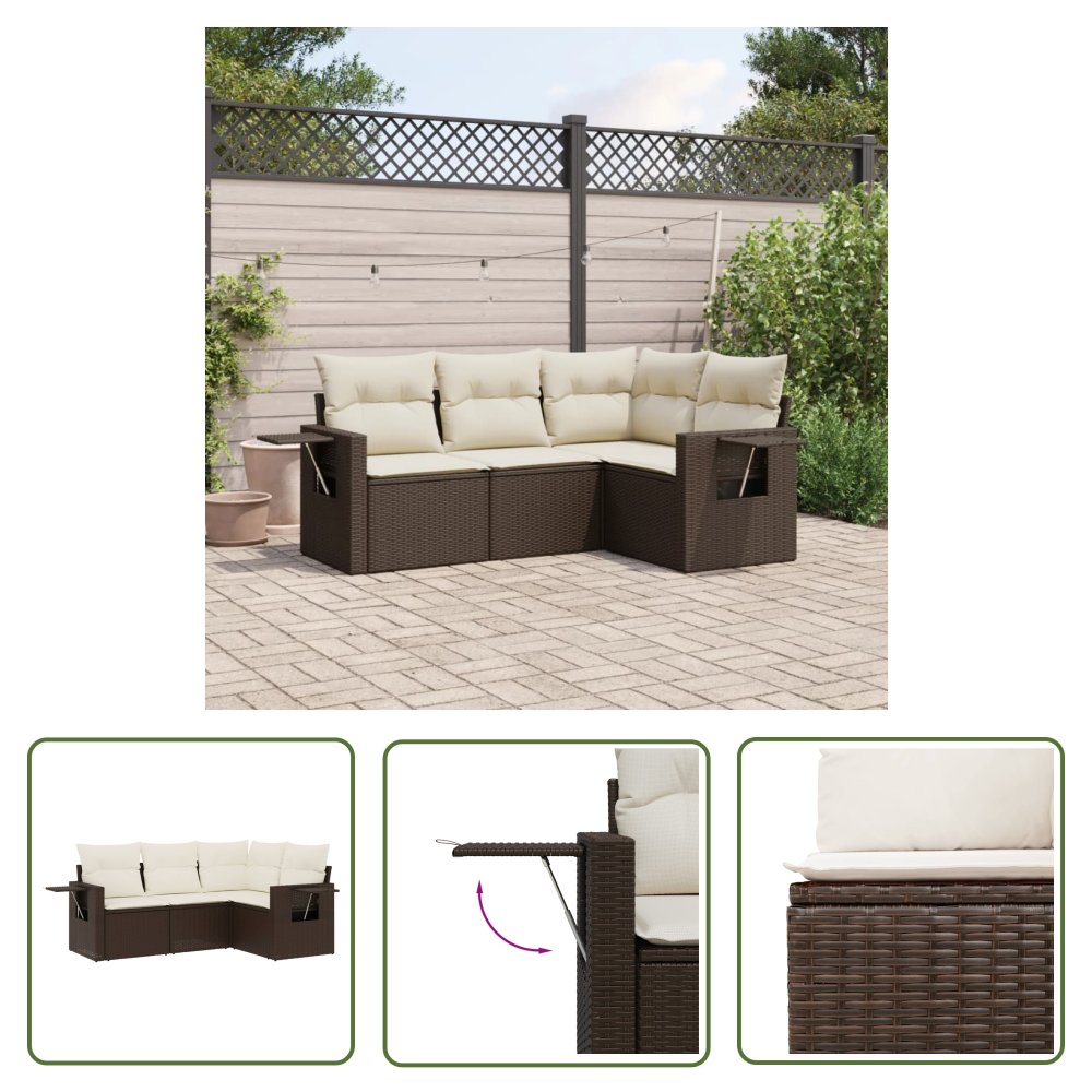 The Living Store 4-cz zestaw wypoczynkowy do ogrodu - poduszki - brązowy rattan PE - Sofa Ogrodowa