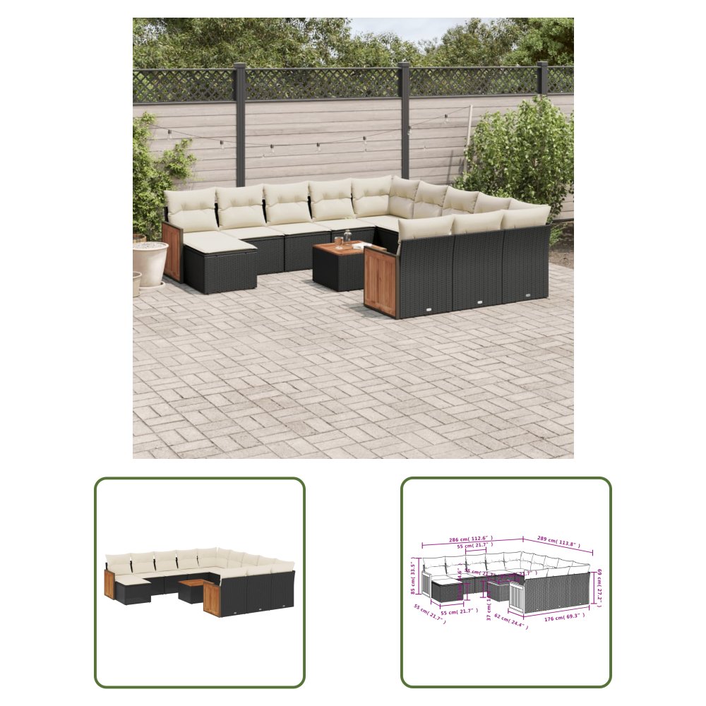The Living Store 13-cz. zestaw mebli do ogrodu - poduszki - czarny - rattan PE - Sofa Ogrodowa