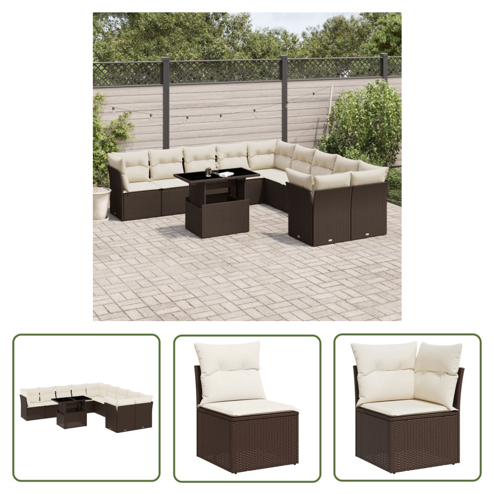 The Living Store 11-cz. zestaw mebli ogrodowych z poduszkami - brązowy - rattan PE - Sofa Ogrodowa