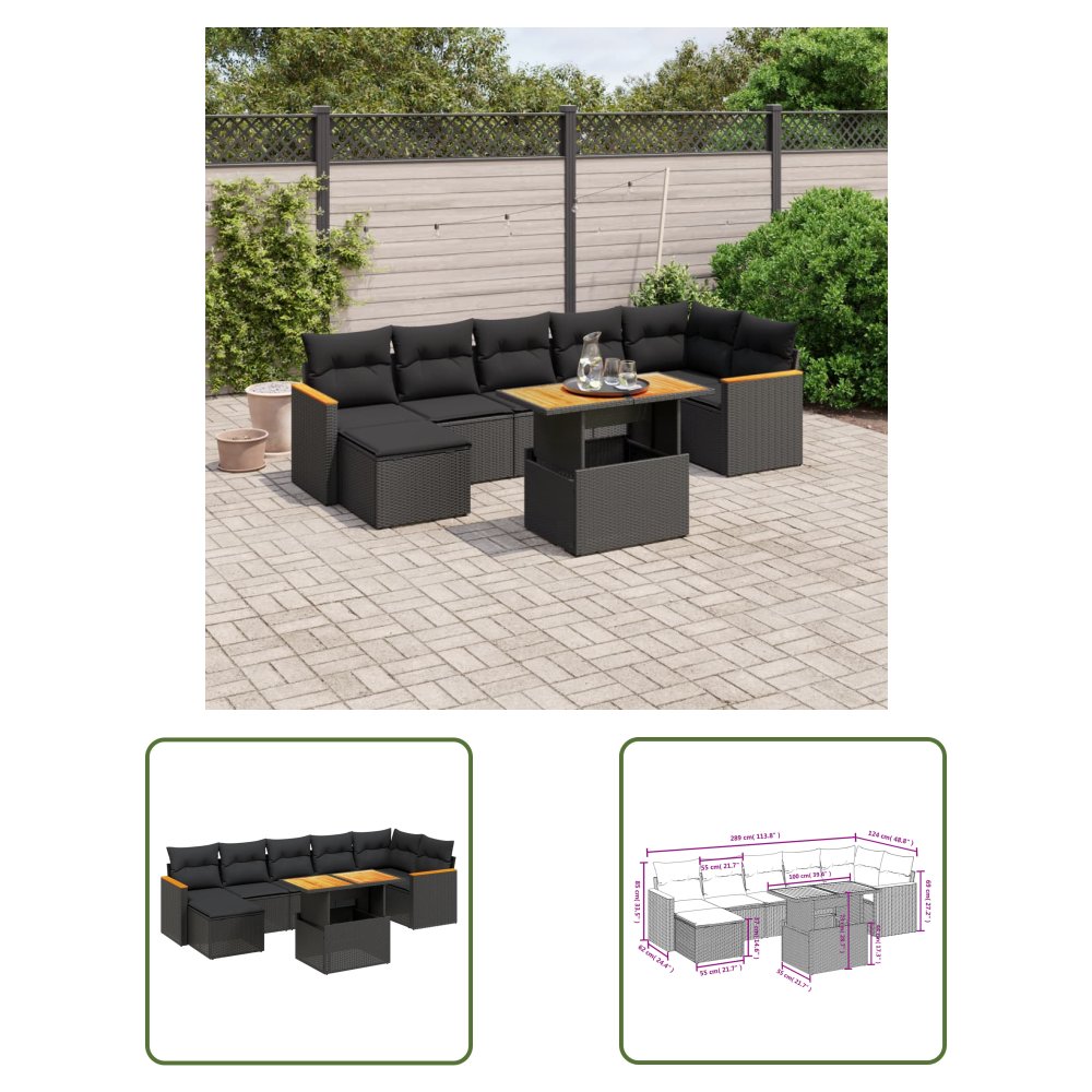 The Living Store 8-cz. zestaw wypoczynkowy do ogrodu - z poduszkami - czarny - Sofa Ogrodowa