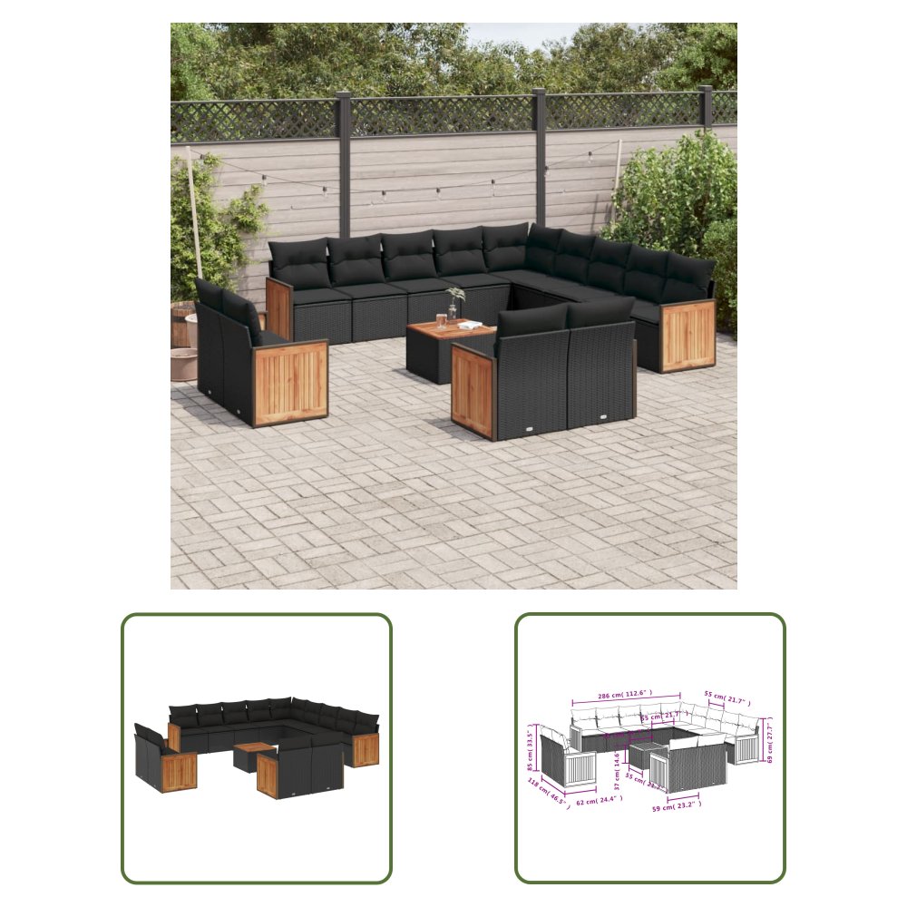 The Living Store 14-cz. zestaw wypoczynkowy do ogrodu - poduszki czarny rattan PE - Sofa Ogrodowa