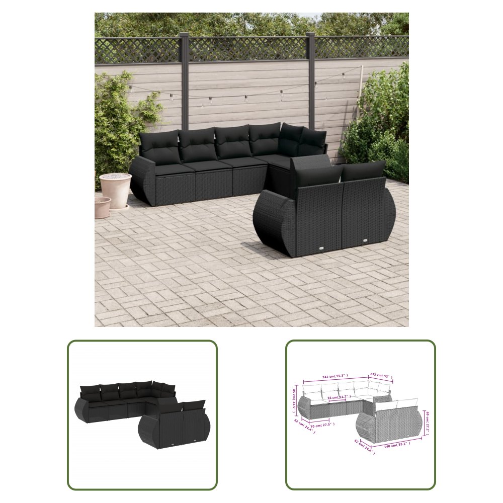 The Living Store 7-cz. zestaw wypoczynkowy do ogrodu - z poduszkami - czarny - Sofa Ogrodowa