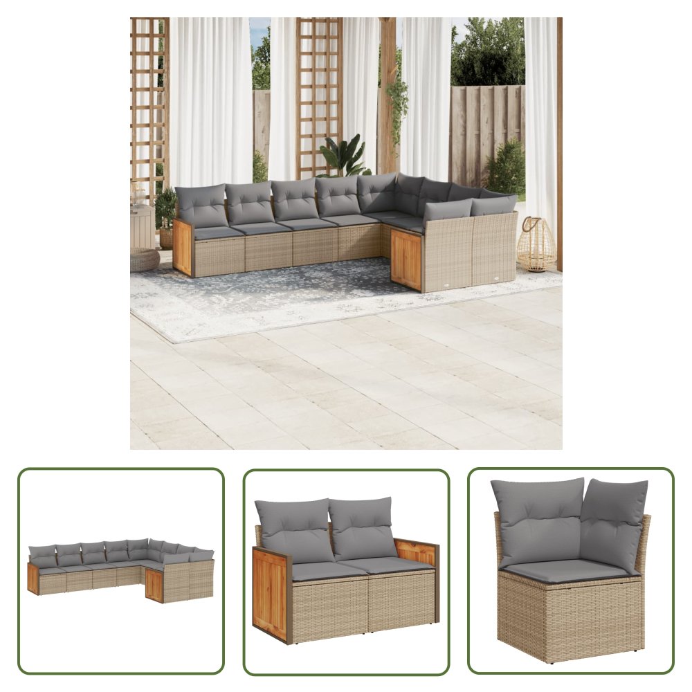 The Living Store 9-cz. zestaw mebli ogrodowych z poduszkami - beżowy - polirattan - Sofa Ogrodowa