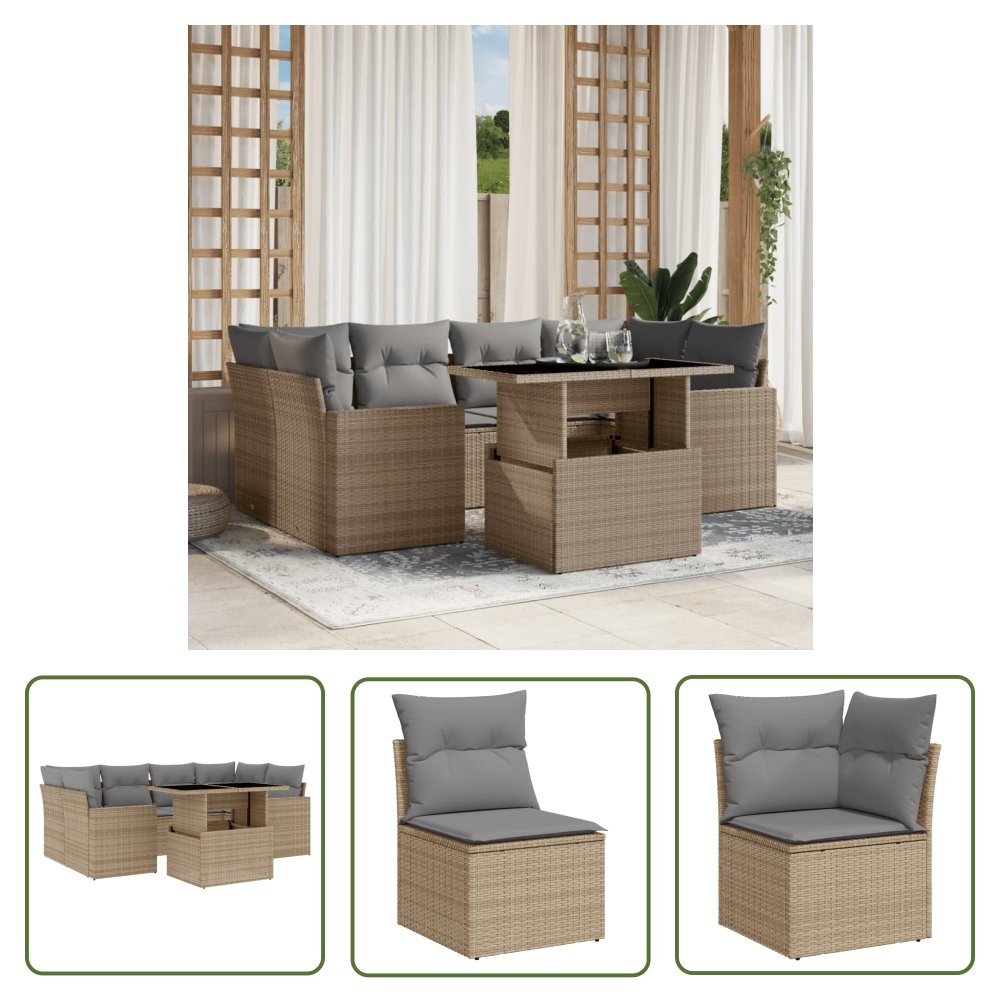 The Living Store 7-cz. zestaw wypoczynkowy do ogrodu - z poduszkami - beżowy - Sofa Ogrodowa