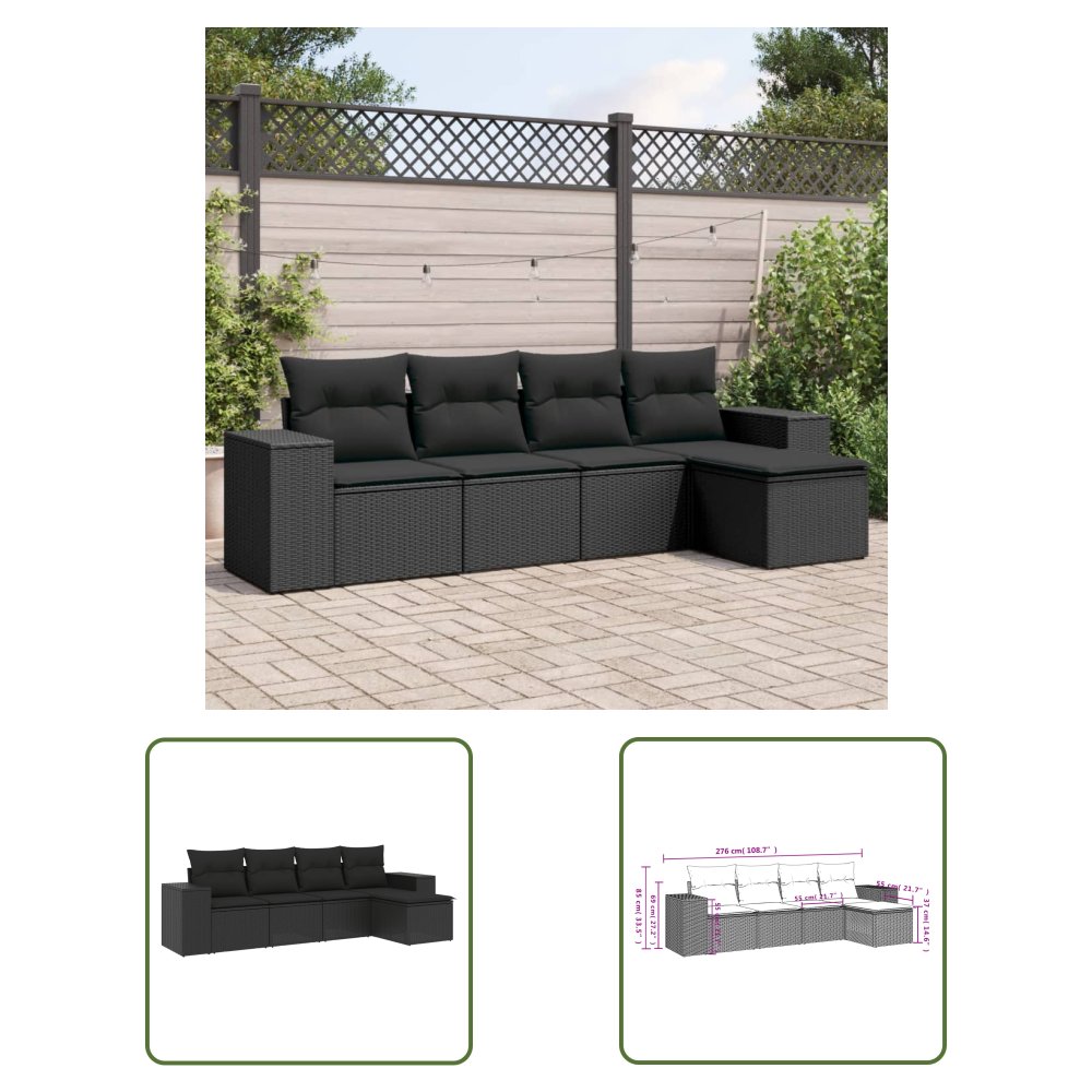 The Living Store 5-cz. zestaw wypoczynkowy do ogrodu - poduszki - czarny rattan PE - Sofa Ogrodowa