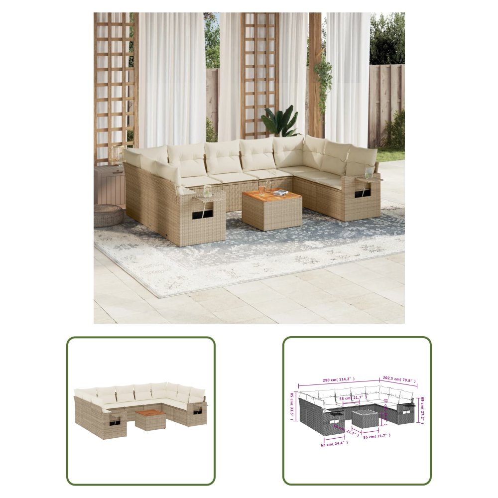 The Living Store 10-cz. zestaw mebli ogrodowych z poduszkami - beżowy - polirattan - Sofa Ogrodowa
