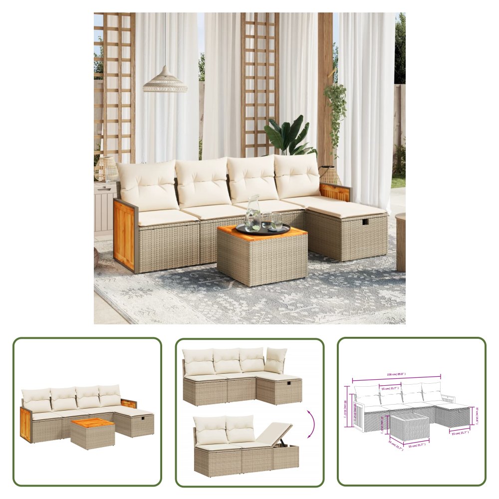 The Living Store 6-cz. zestaw mebli ogrodowych z poduszkami - beżowy - polirattan - Sofa Ogrodowa