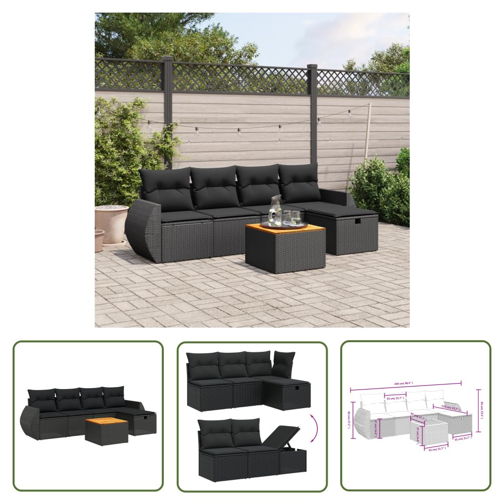 The Living Store 6-cz. zestaw mebli ogrodowych z poduszkami - czarny polirattan - Sofa Ogrodowa
