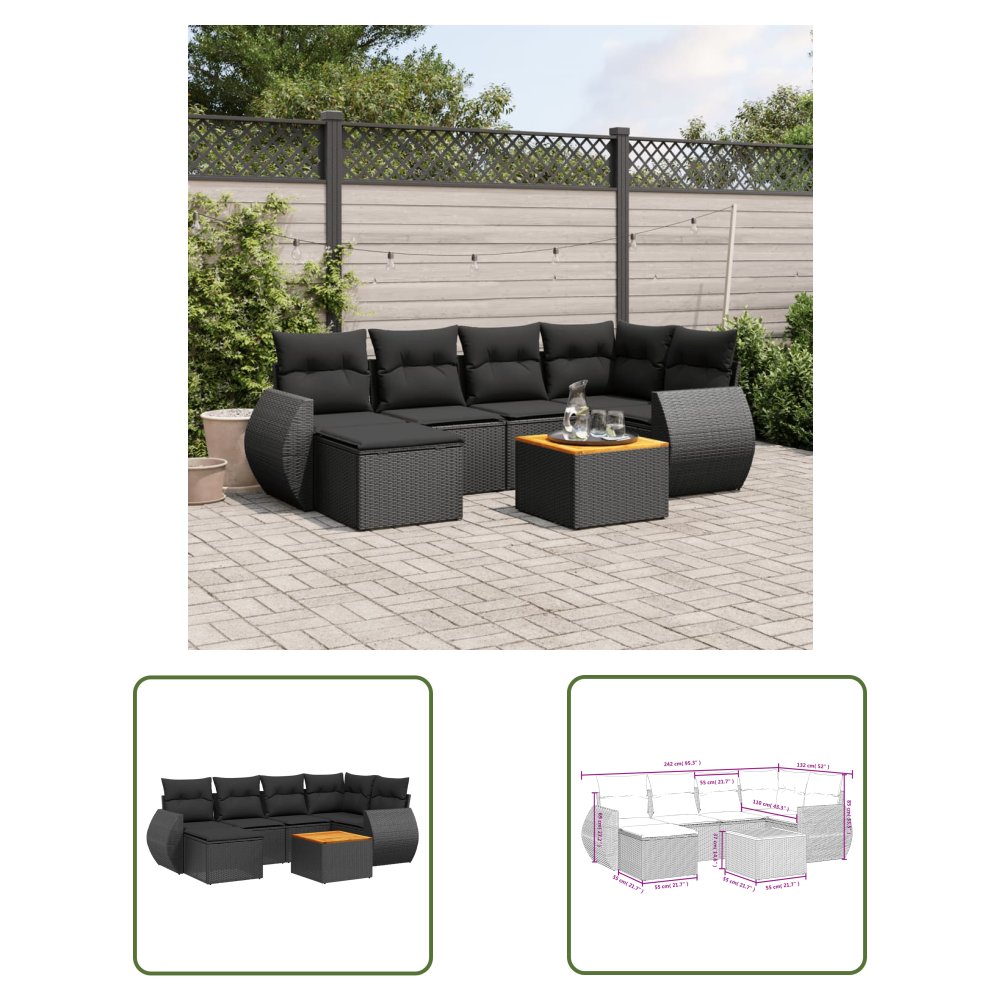 The Living Store 7-cz. zestaw wypoczynkowy do ogrodu - z poduszkami - czarny - Sofa Ogrodowa
