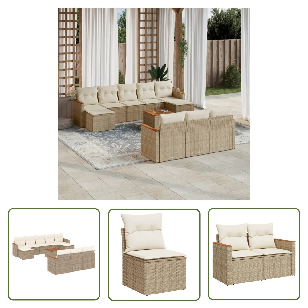 The Living Store 11-cz. zestaw mebli ogrodowych z poduszkami - beżowy - polirattan - Sofa Ogrodowa