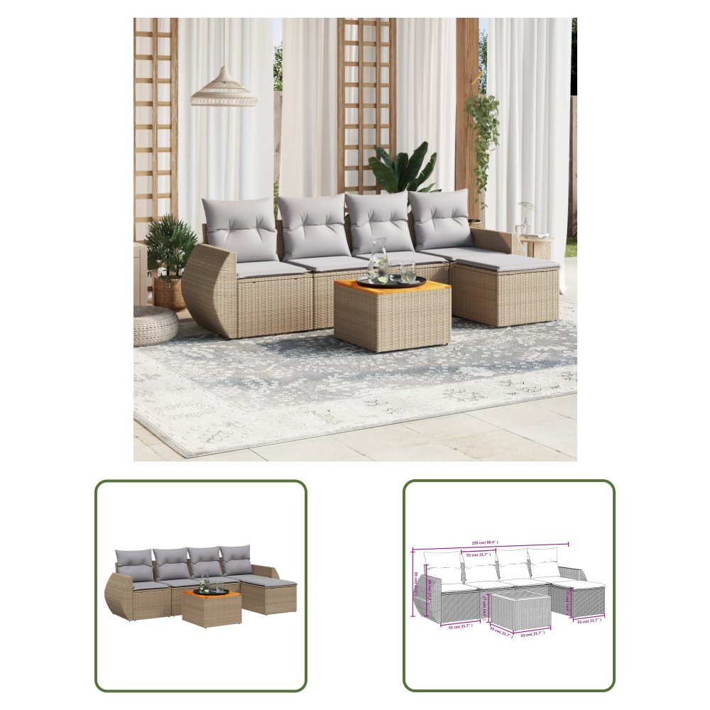 The Living Store 6-cz. zestaw mebli ogrodowych z poduszkami - beżowy - polirattan - Sofa Ogrodowa