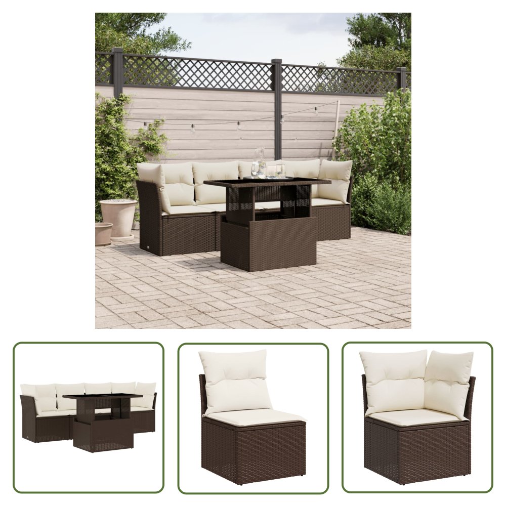 The Living Store 5-cz. zestaw mebli ogrodowych z poduszkami - brązowy - polirattan - Sofa Ogrodowa