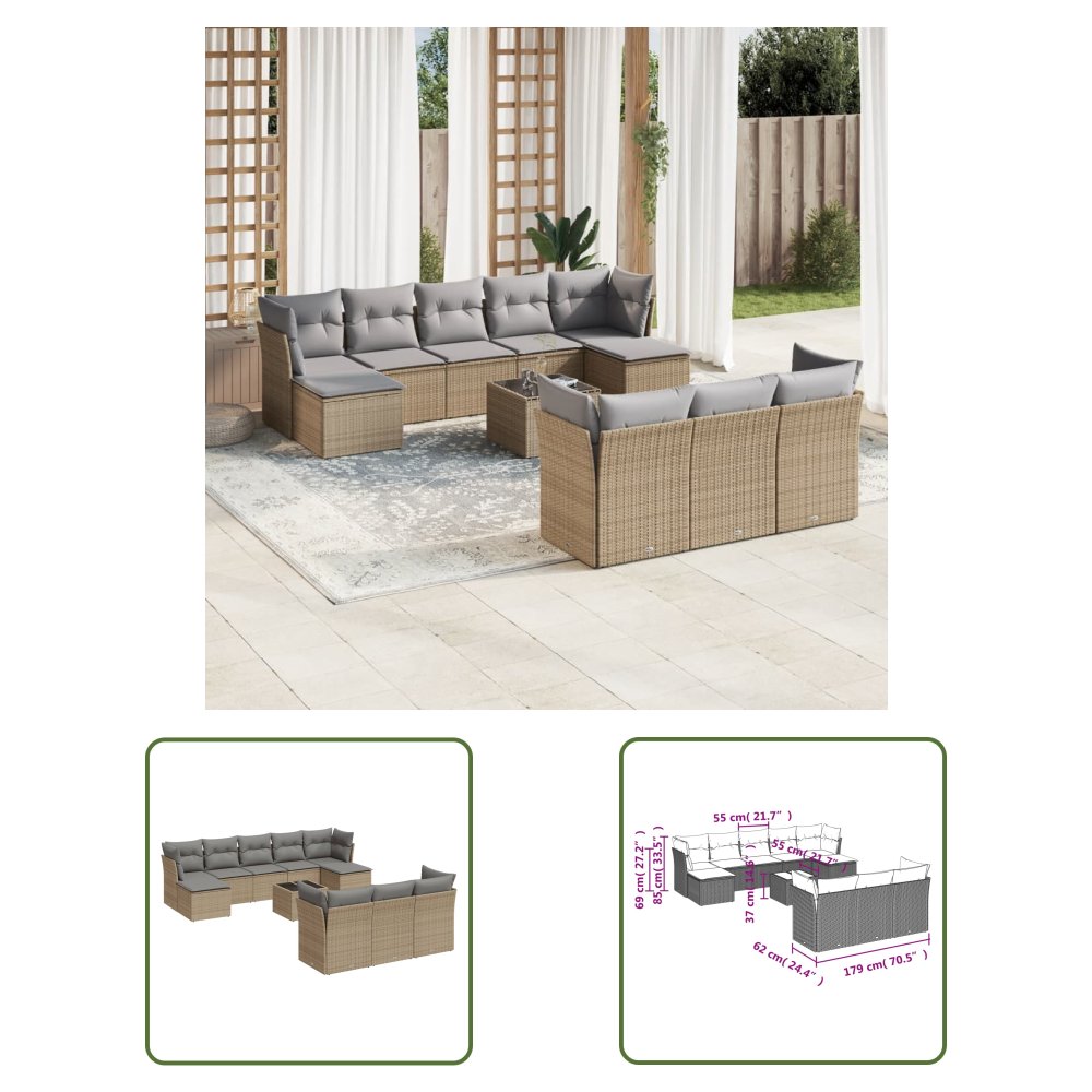 The Living Store 11-cz. zestaw mebli ogrodowych z poduszkami - beżowy - polirattan - Sofa Ogrodowa