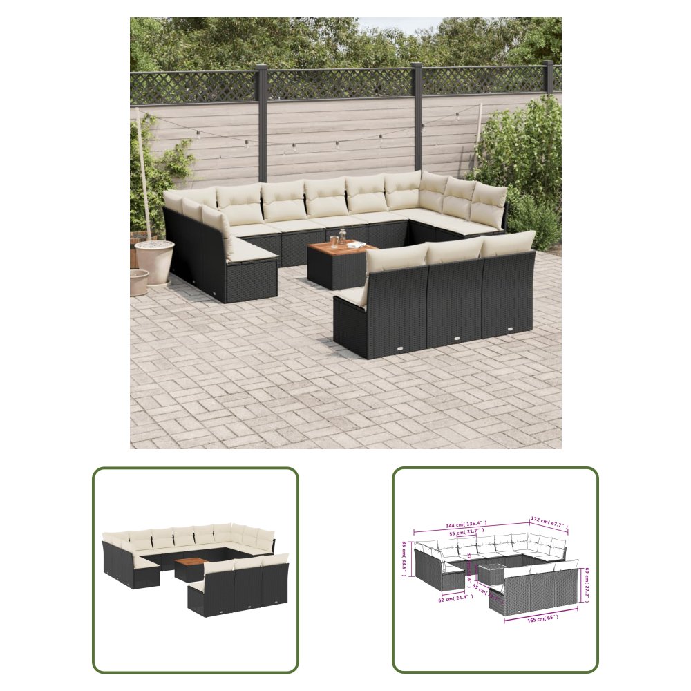 The Living Store 14-cz. zestaw wypoczynkowy do ogrodu - poduszki czarny rattan PE - Sofa Ogrodowa