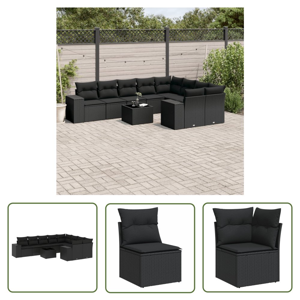 The Living Store 10-cz. zestaw wypoczynkowy do ogrodu - poduszki czarny rattan PE - Sofa Ogrodowa