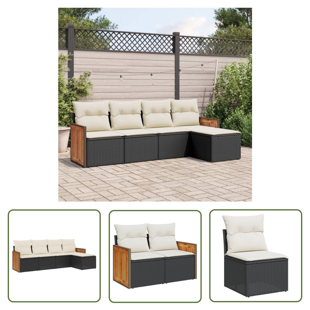 The Living Store 5-cz. zestaw wypoczynkowy do ogrodu - poduszki - czarny rattan PE - Sofa Ogrodowa