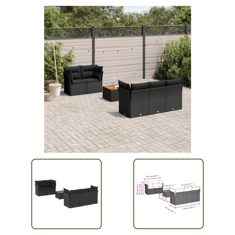 The Living Store 6-cz. zestaw mebli ogrodowych z poduszkami - czarny polirattan - Sofa Ogrodowa