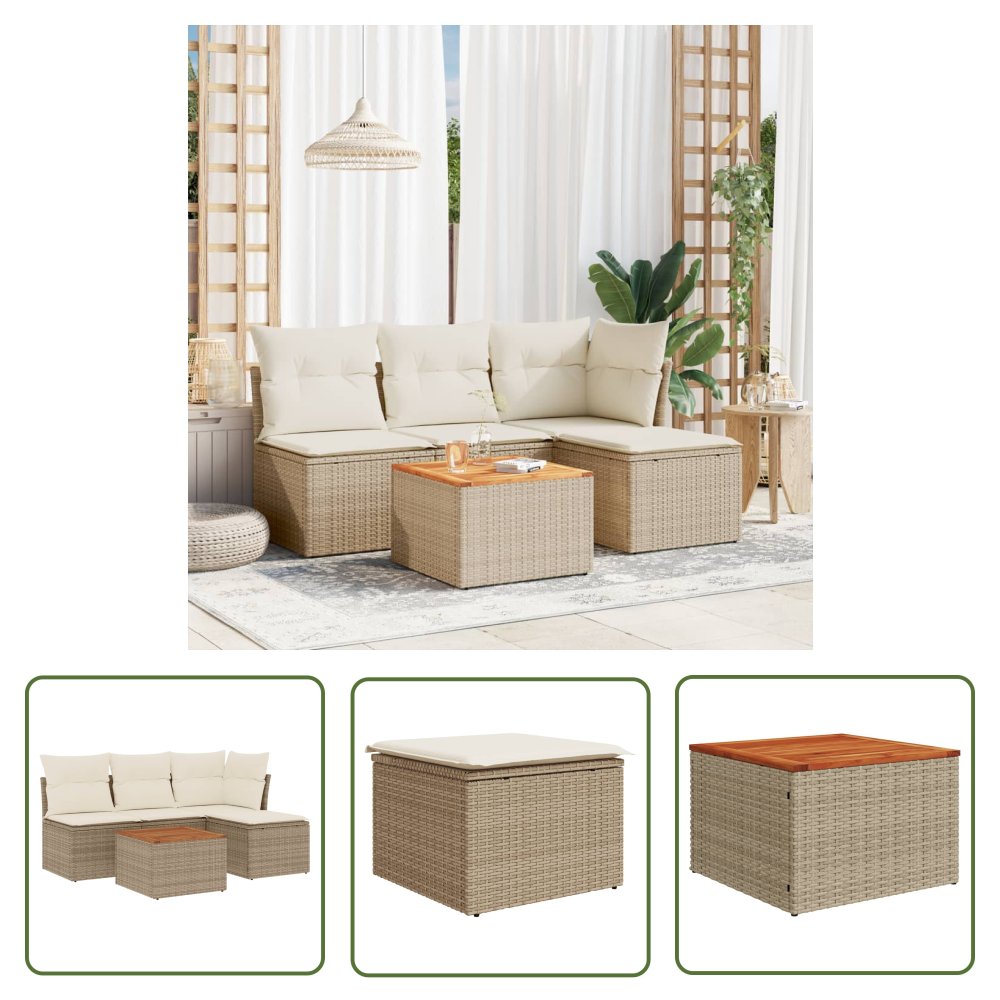 The Living Store 5-cz. zestaw mebli ogrodowych z poduszkami - beżowy - polirattan - Sofa Ogrodowa