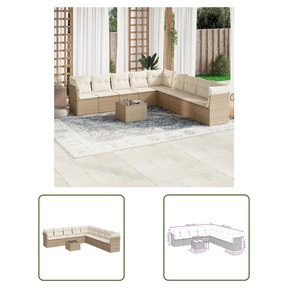 The Living Store 10-cz. zestaw mebli ogrodowych z poduszkami - beżowy - polirattan - Sofa Ogrodowa