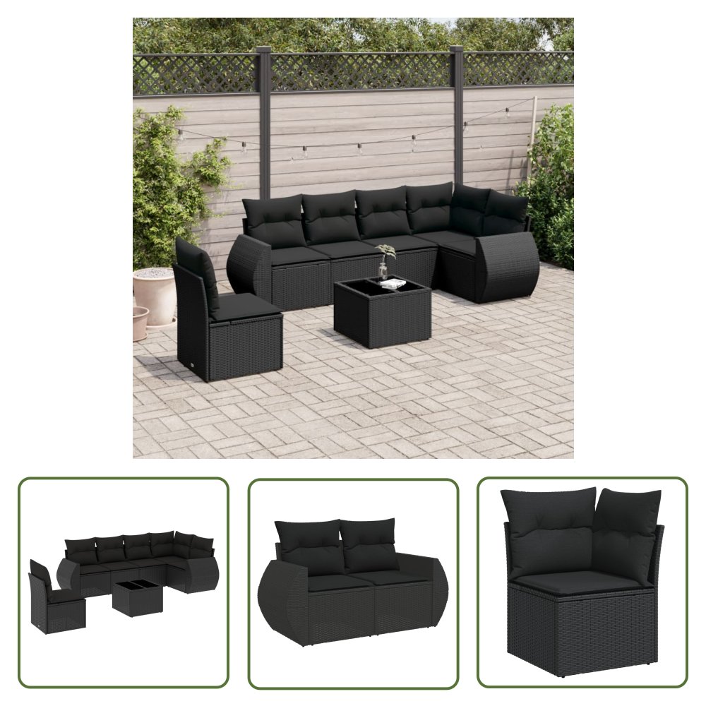 The Living Store 7-cz. zestaw wypoczynkowy do ogrodu - z poduszkami - czarny - Sofa Ogrodowa
