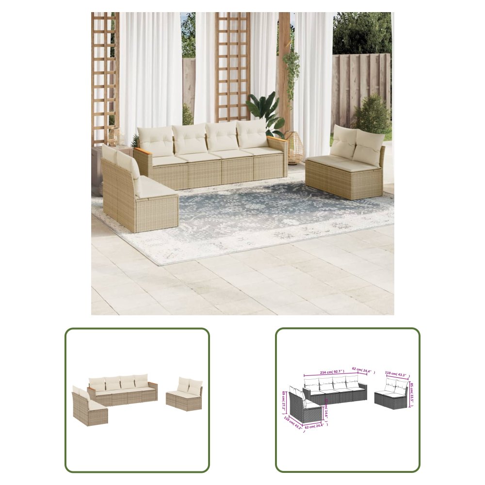 The Living Store 8-cz. zestaw mebli ogrodowych z poduszkami - beżowy - polirattan - Sofa Ogrodowa