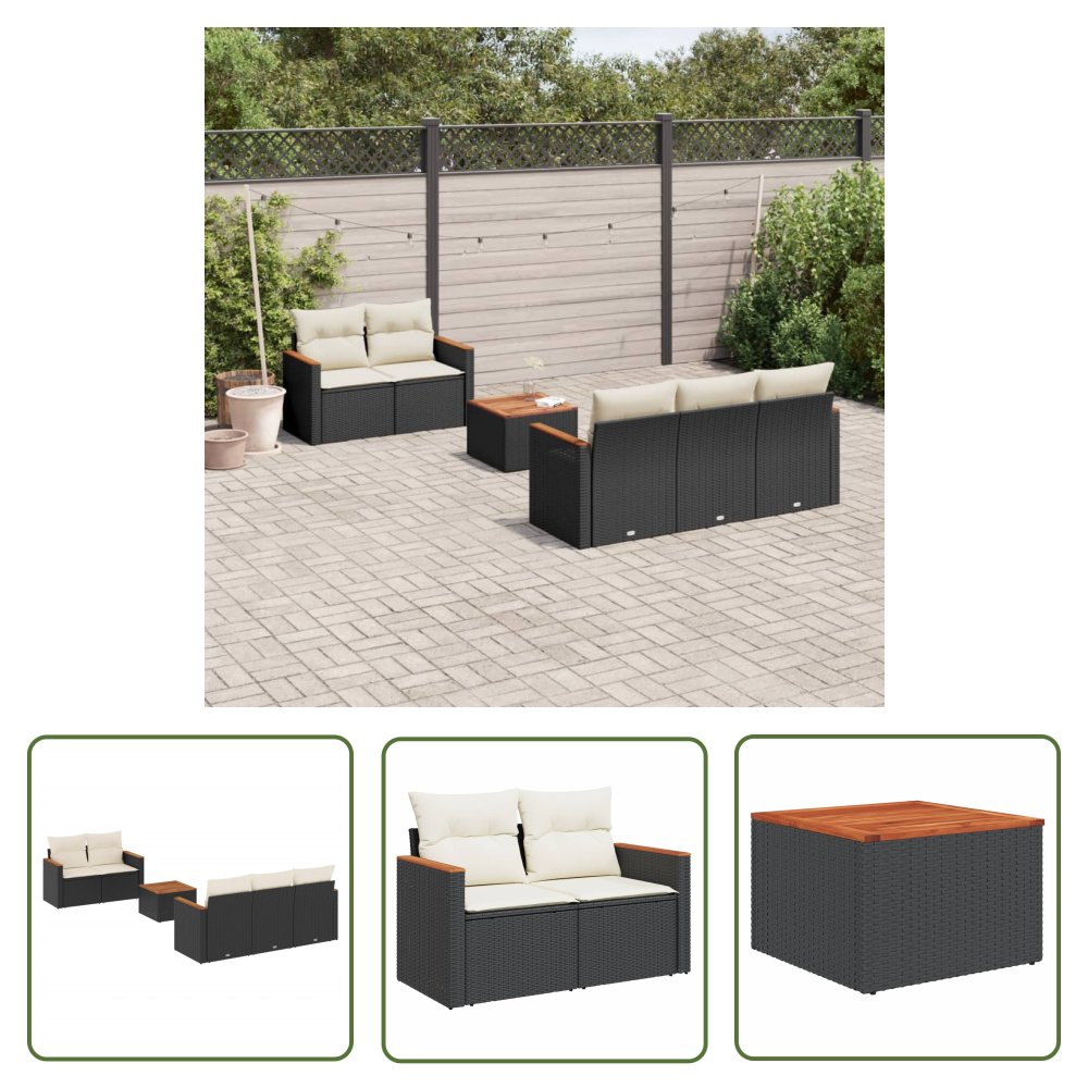 The Living Store 6-cz. zestaw mebli ogrodowych z poduszkami - czarny polirattan - Sofa Ogrodowa
