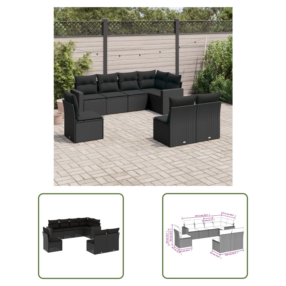 The Living Store 8-cz. zestaw wypoczynkowy do ogrodu - z poduszkami - czarny - Sofa Ogrodowa