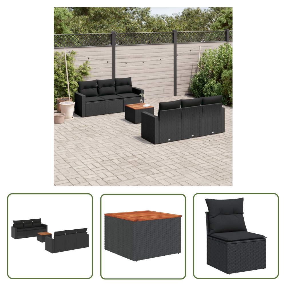 The Living Store 7-cz. zestaw wypoczynkowy do ogrodu - z poduszkami - czarny - Sofa Ogrodowa