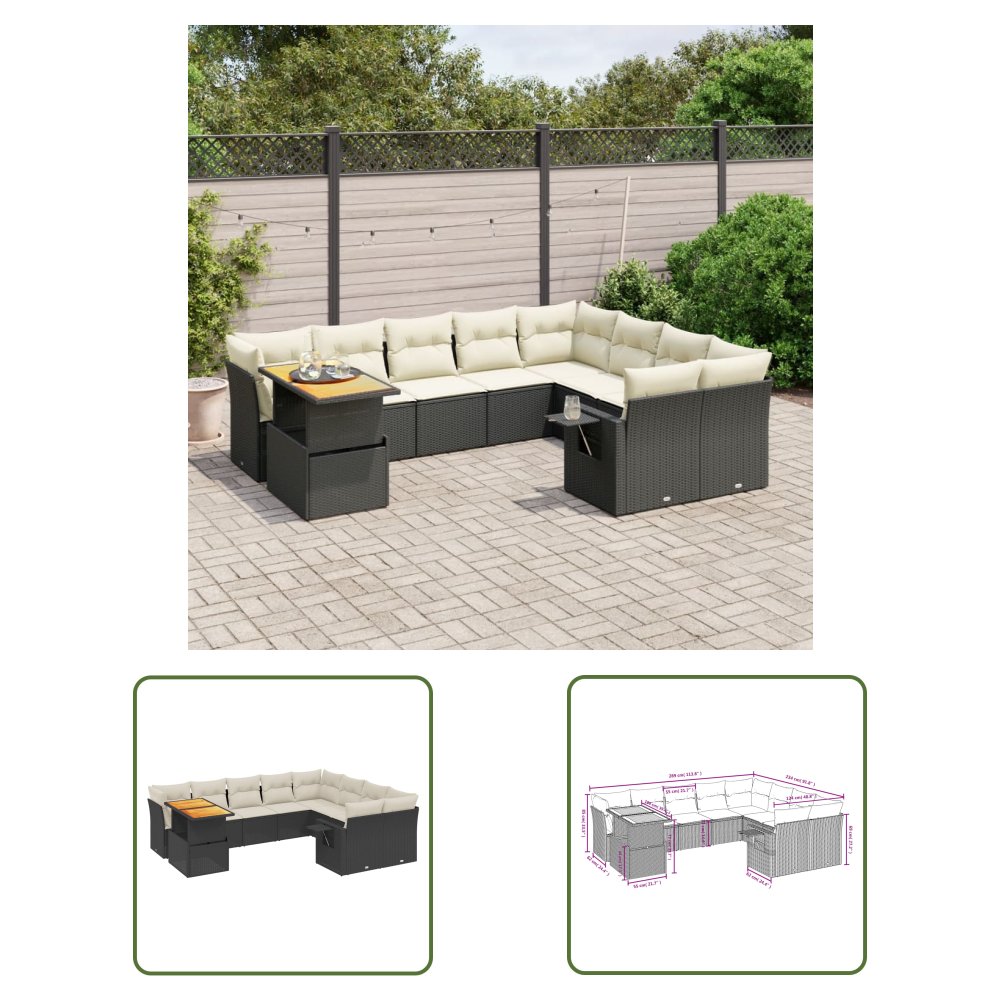 The Living Store 10-cz. zestaw wypoczynkowy do ogrodu - poduszki czarny rattan PE - Sofa Ogrodowa