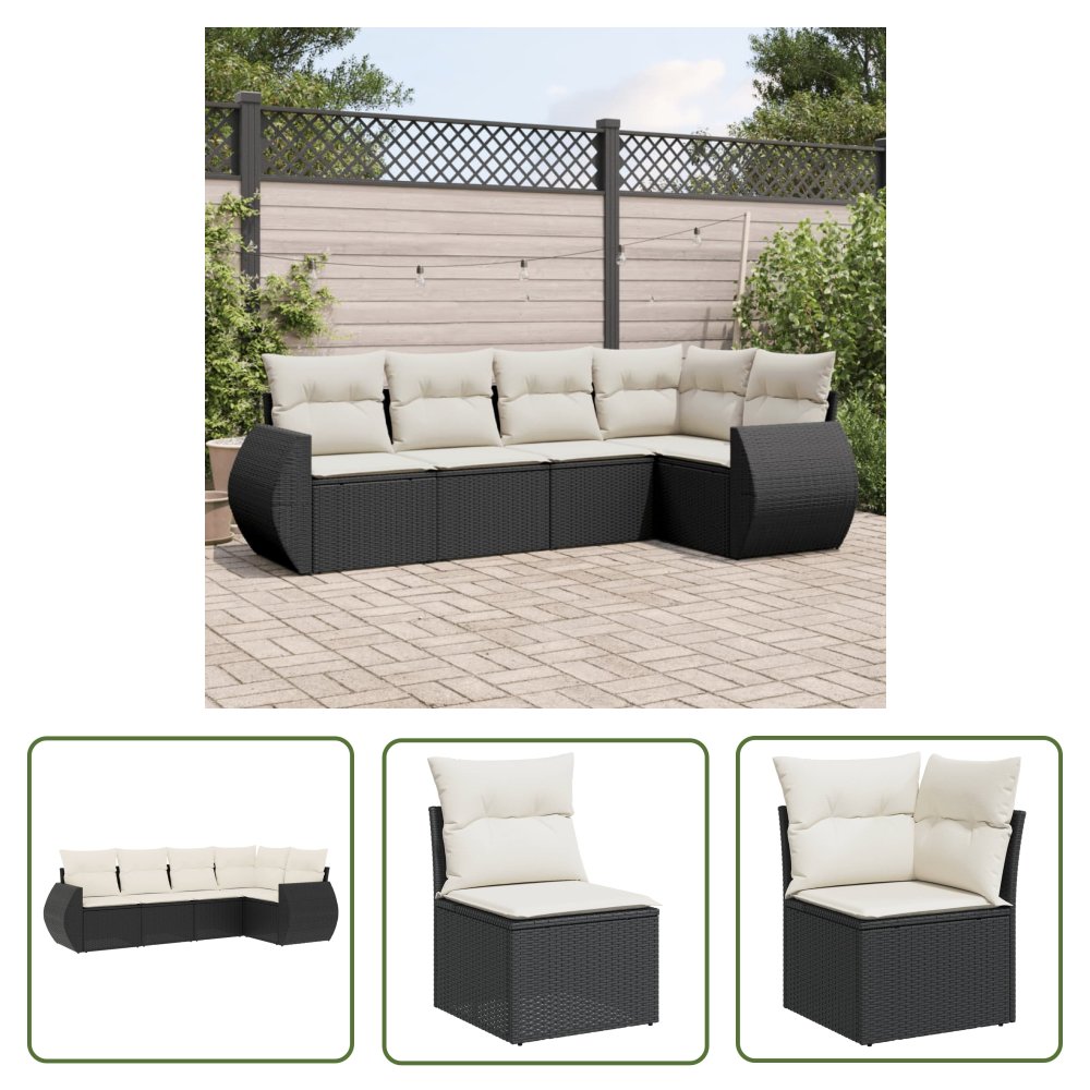 The Living Store 5-cz. zestaw wypoczynkowy do ogrodu - poduszki - czarny rattan PE - Sofa Ogrodowa