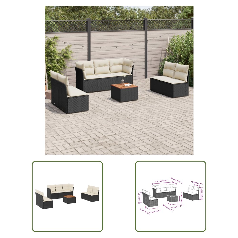 The Living Store 8-cz. zestaw wypoczynkowy do ogrodu - z poduszkami - czarny - Sofa Ogrodowa