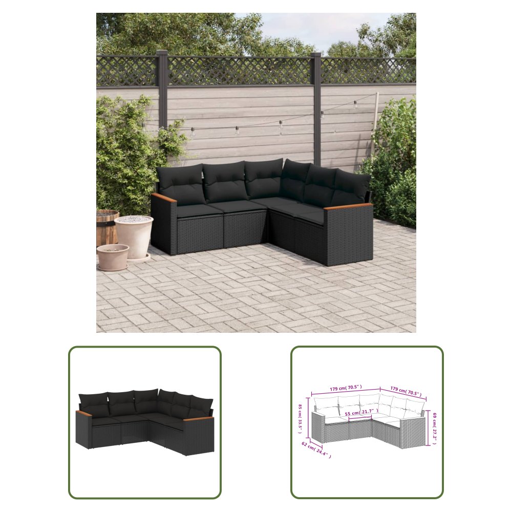 The Living Store 5-cz. zestaw wypoczynkowy do ogrodu - poduszki - czarny rattan PE - Sofa Ogrodowa