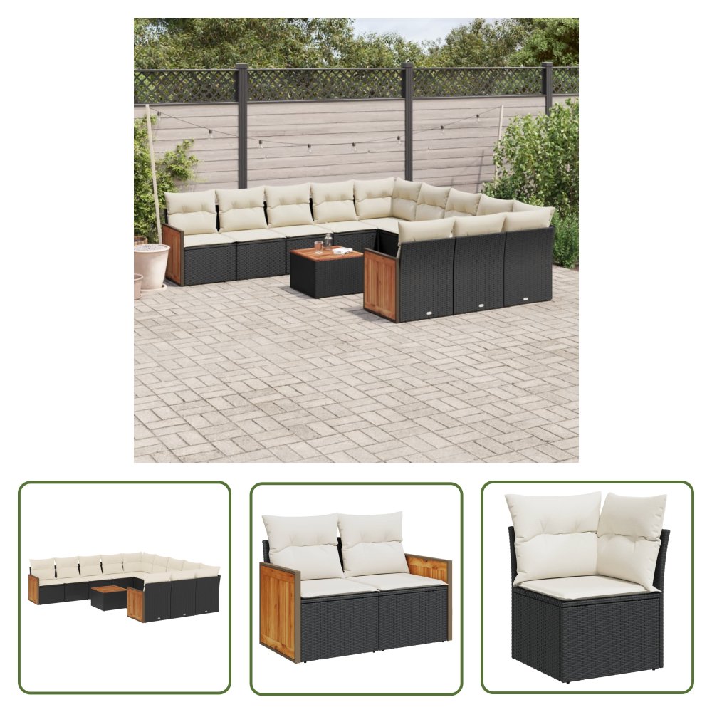 The Living Store 12-cz. zestaw mebli do ogrodu - z poduszkami - czarny - polirattan - Sofa Ogrodowa