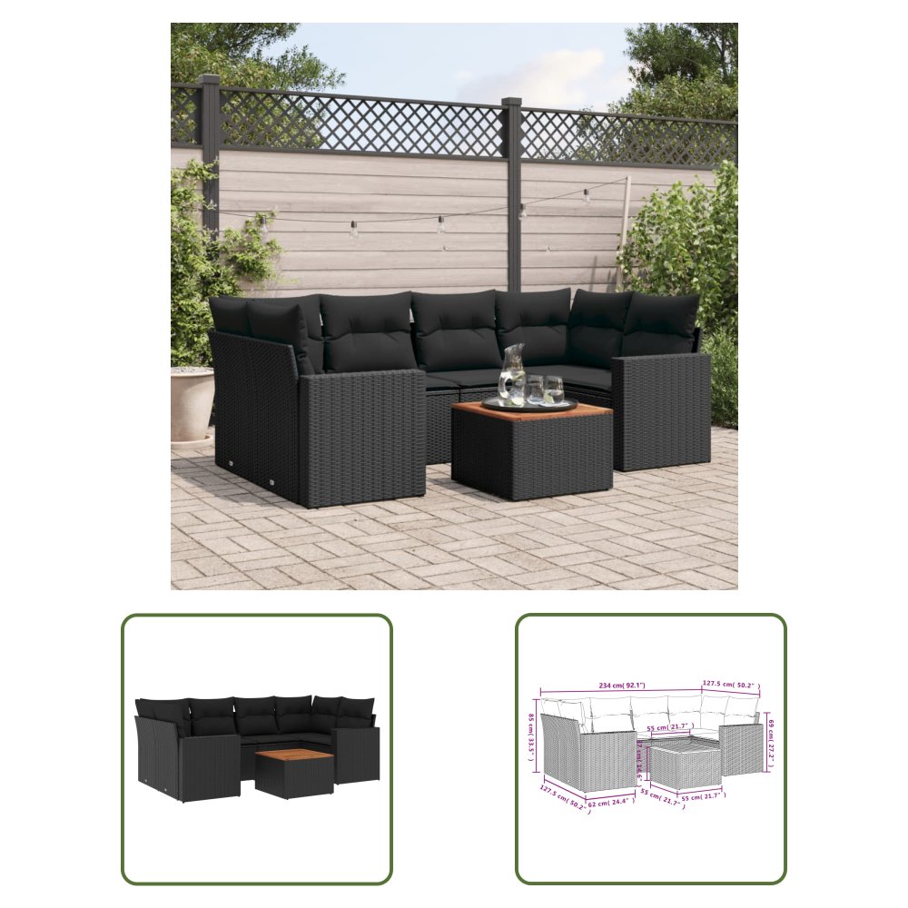 The Living Store 7-cz. zestaw wypoczynkowy do ogrodu - z poduszkami - czarny - Sofa Ogrodowa