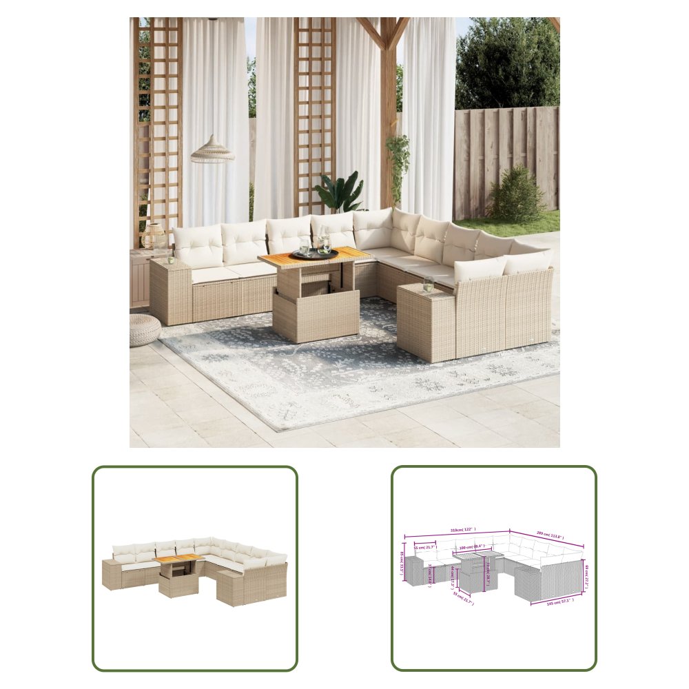 The Living Store 11-cz. zestaw mebli ogrodowych z poduszkami - beżowy - polirattan - Sofa Ogrodowa
