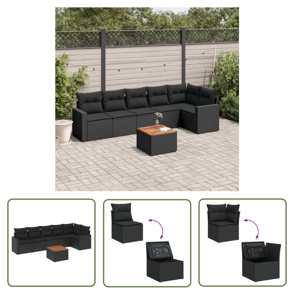 The Living Store 7-cz. zestaw wypoczynkowy do ogrodu - z poduszkami - czarny - Sofa Ogrodowa