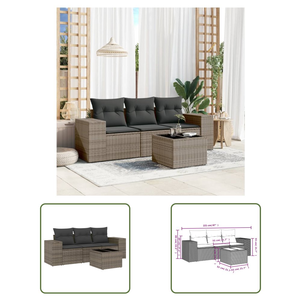 The Living Store 4-cz. zestaw wypoczynkowy do ogrodu - poduszki - szary - rattan PE - Sofa Ogrodowa