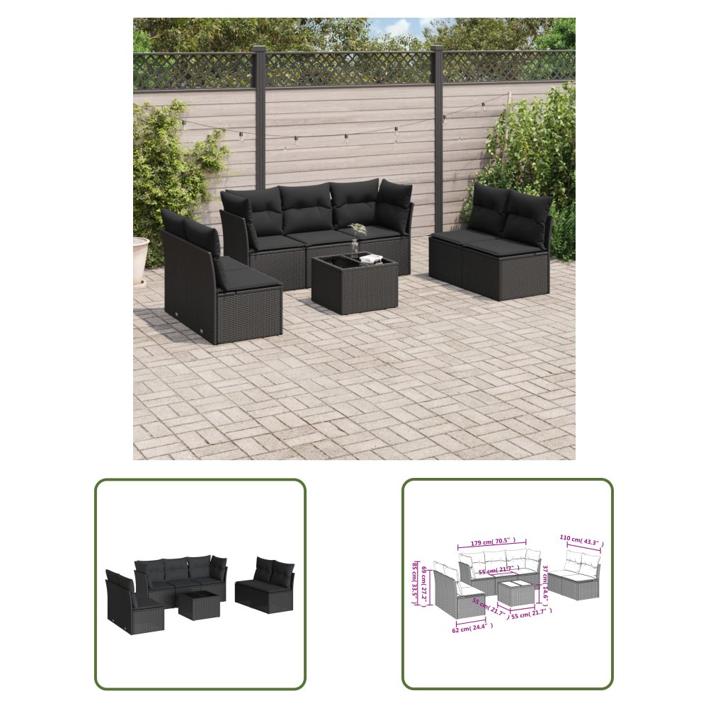 The Living Store 8-cz. zestaw wypoczynkowy do ogrodu - z poduszkami - czarny - Sofa Ogrodowa