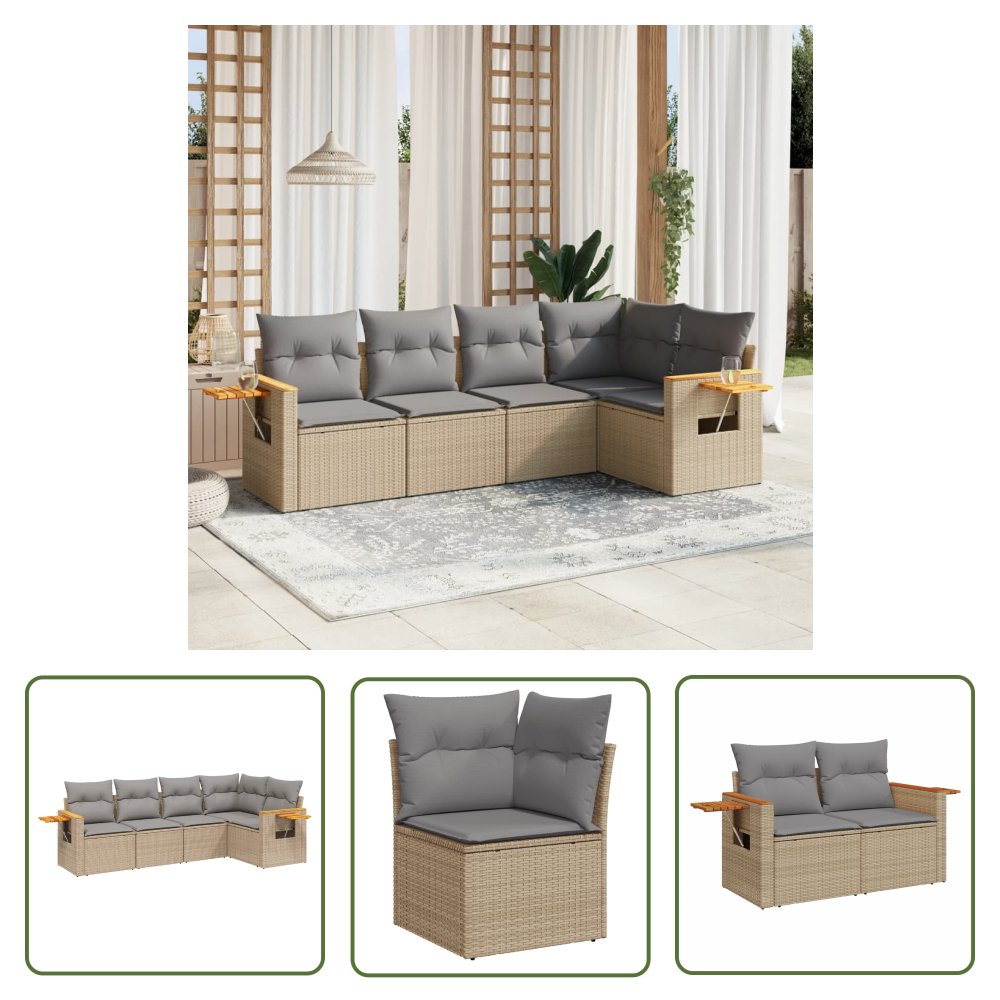 The Living Store 5-cz. zestaw mebli ogrodowych z poduszkami - beżowy - polirattan - Sofa Ogrodowa