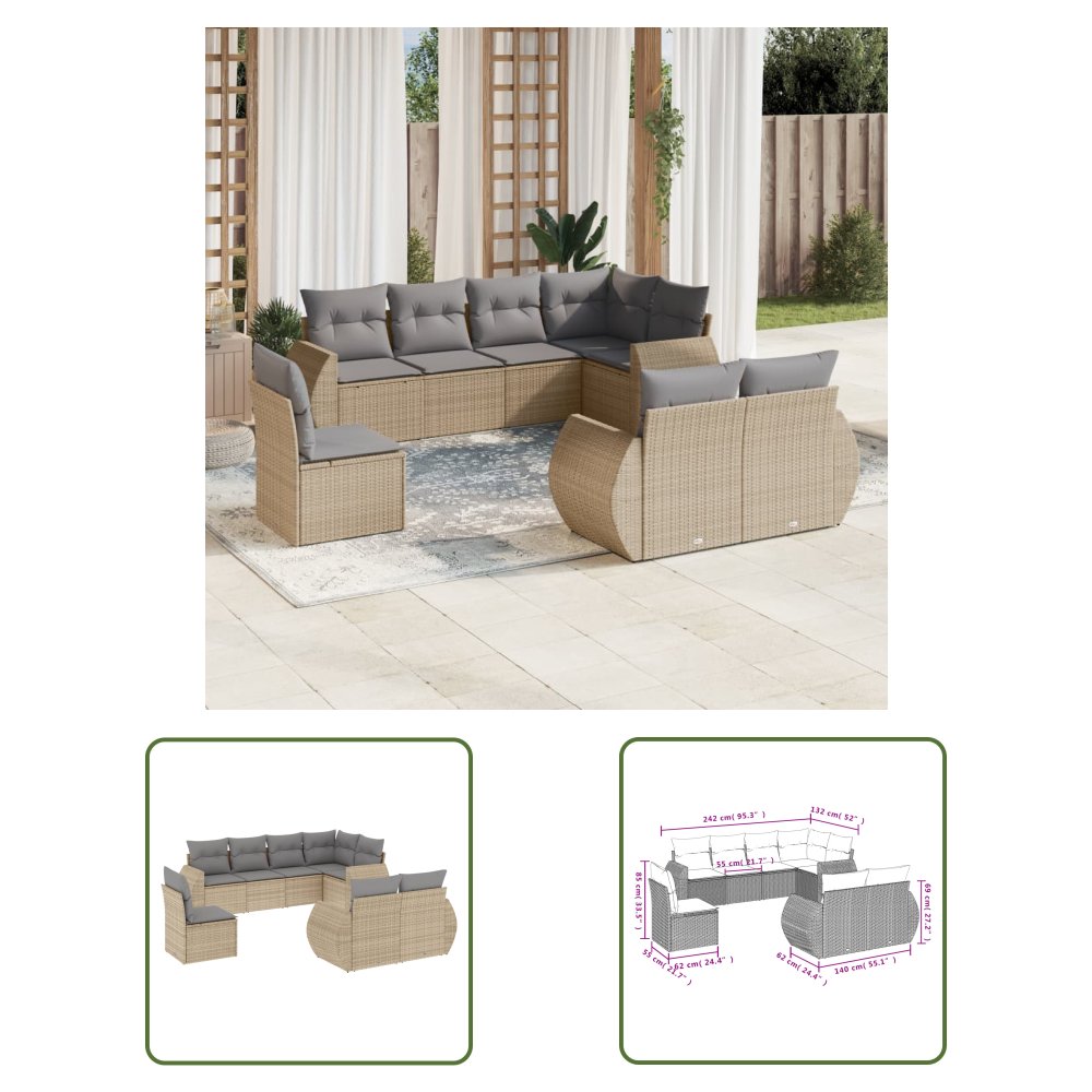 The Living Store 8-cz. zestaw mebli ogrodowych z poduszkami - beżowy - polirattan - Sofa Ogrodowa