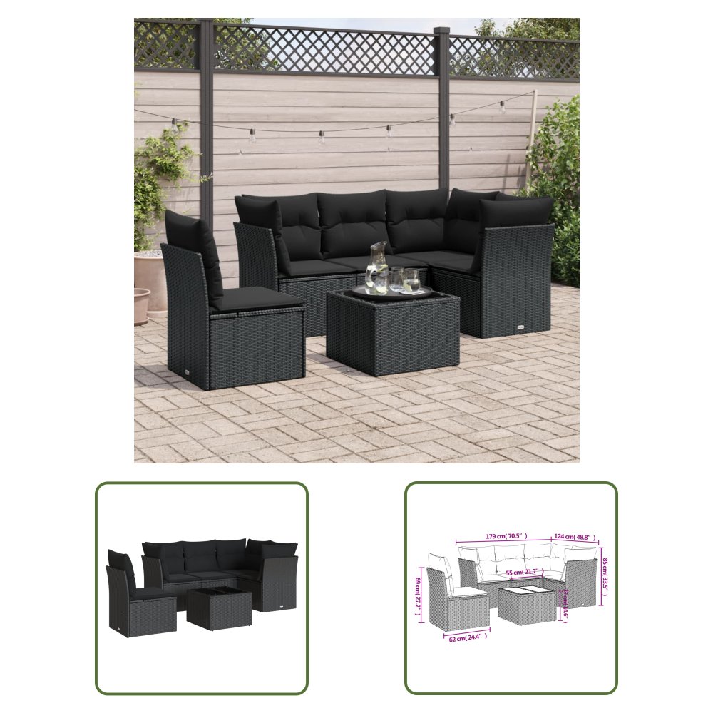 The Living Store 6-cz. zestaw mebli ogrodowych z poduszkami - czarny polirattan - Sofa Ogrodowa
