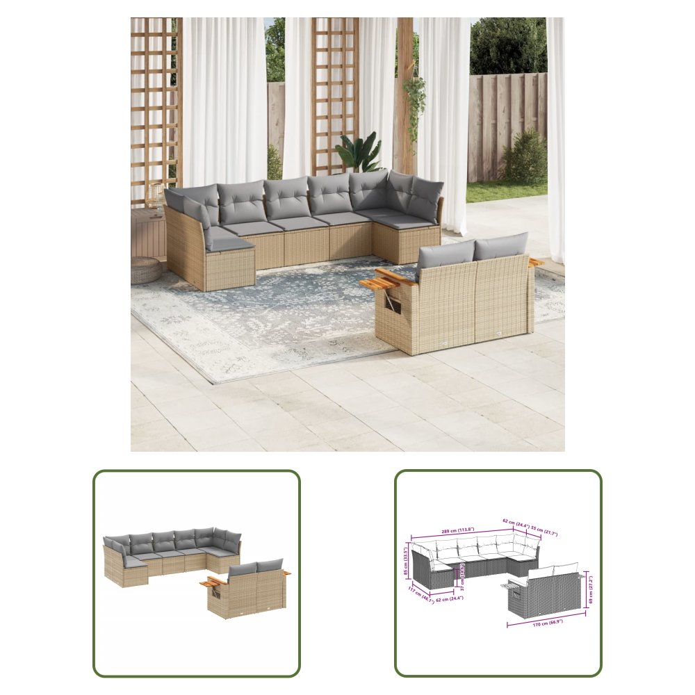 The Living Store 9-cz. zestaw mebli ogrodowych z poduszkami - beżowy - polirattan - Sofa Ogrodowa