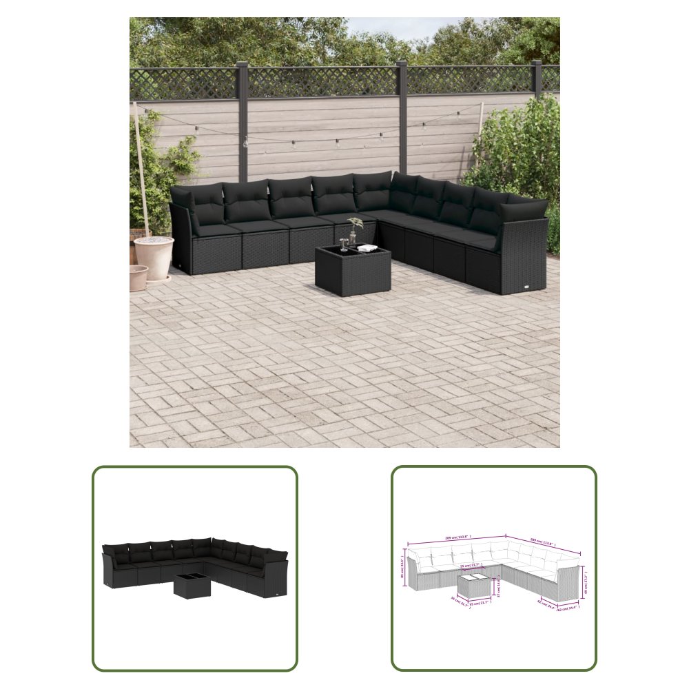 The Living Store 10-cz. zestaw wypoczynkowy do ogrodu - poduszki czarny rattan PE - Sofa Ogrodowa