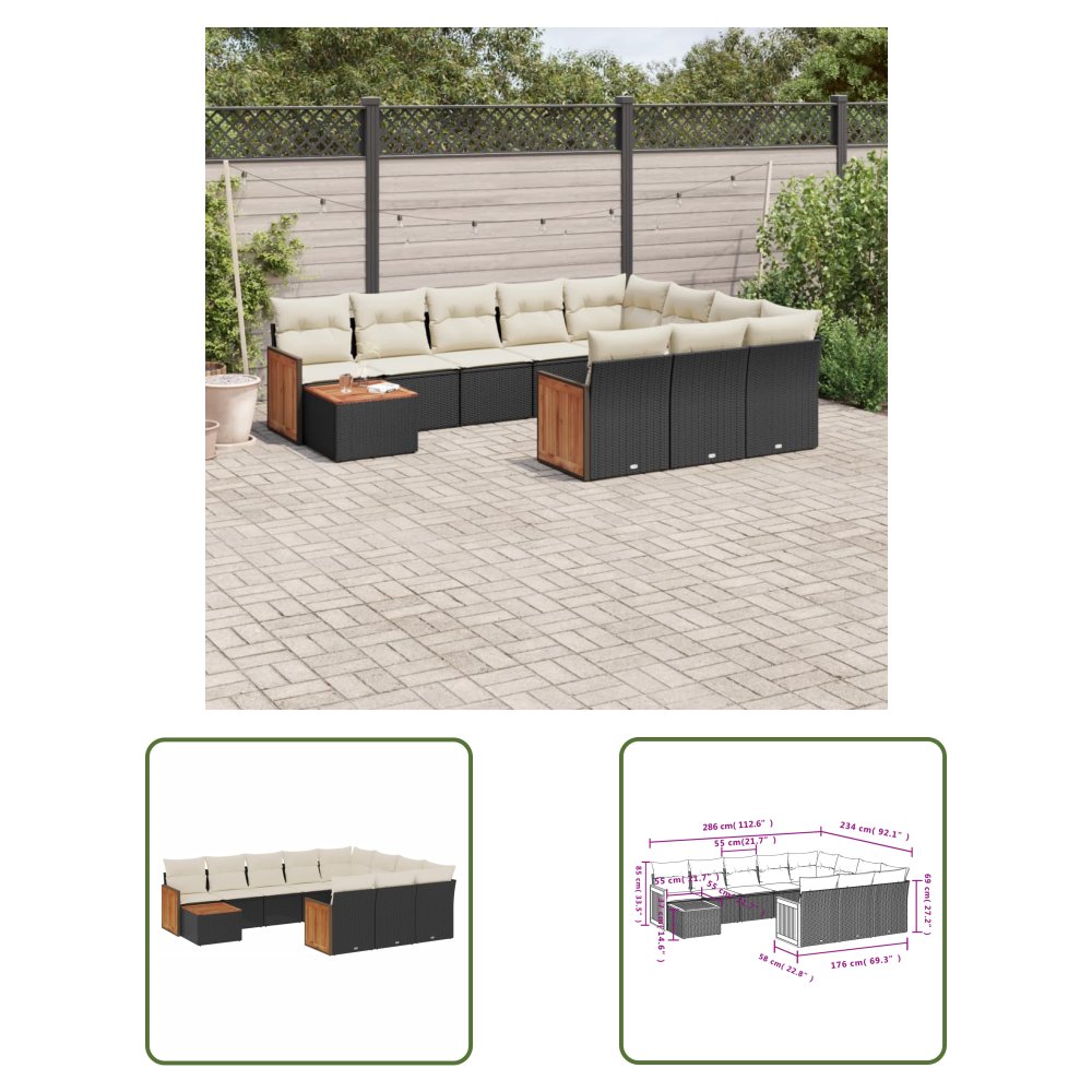 The Living Store 11-cz. zestaw wypoczynkowy do ogrodu - poduszki czarny rattan PE - Sofa Ogrodowa
