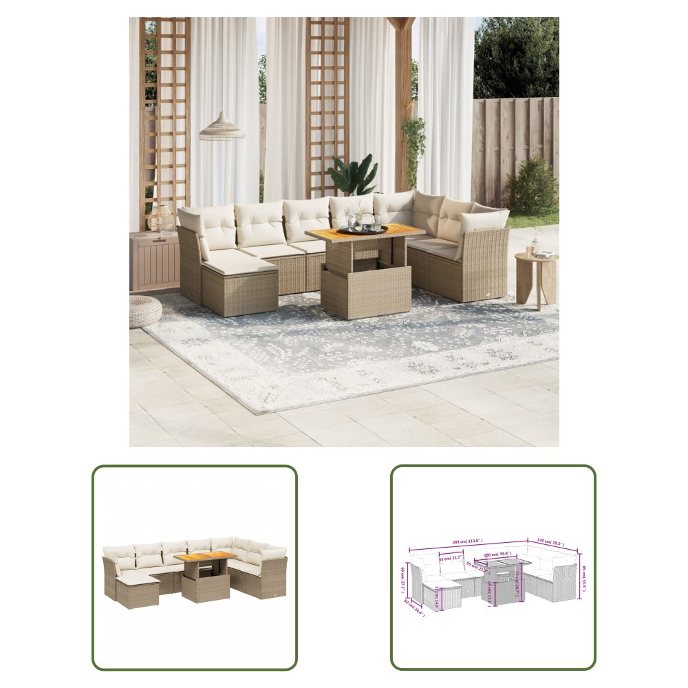 The Living Store 9-cz. zestaw mebli ogrodowych z poduszkami - beżowy - polirattan - Sofa Ogrodowa