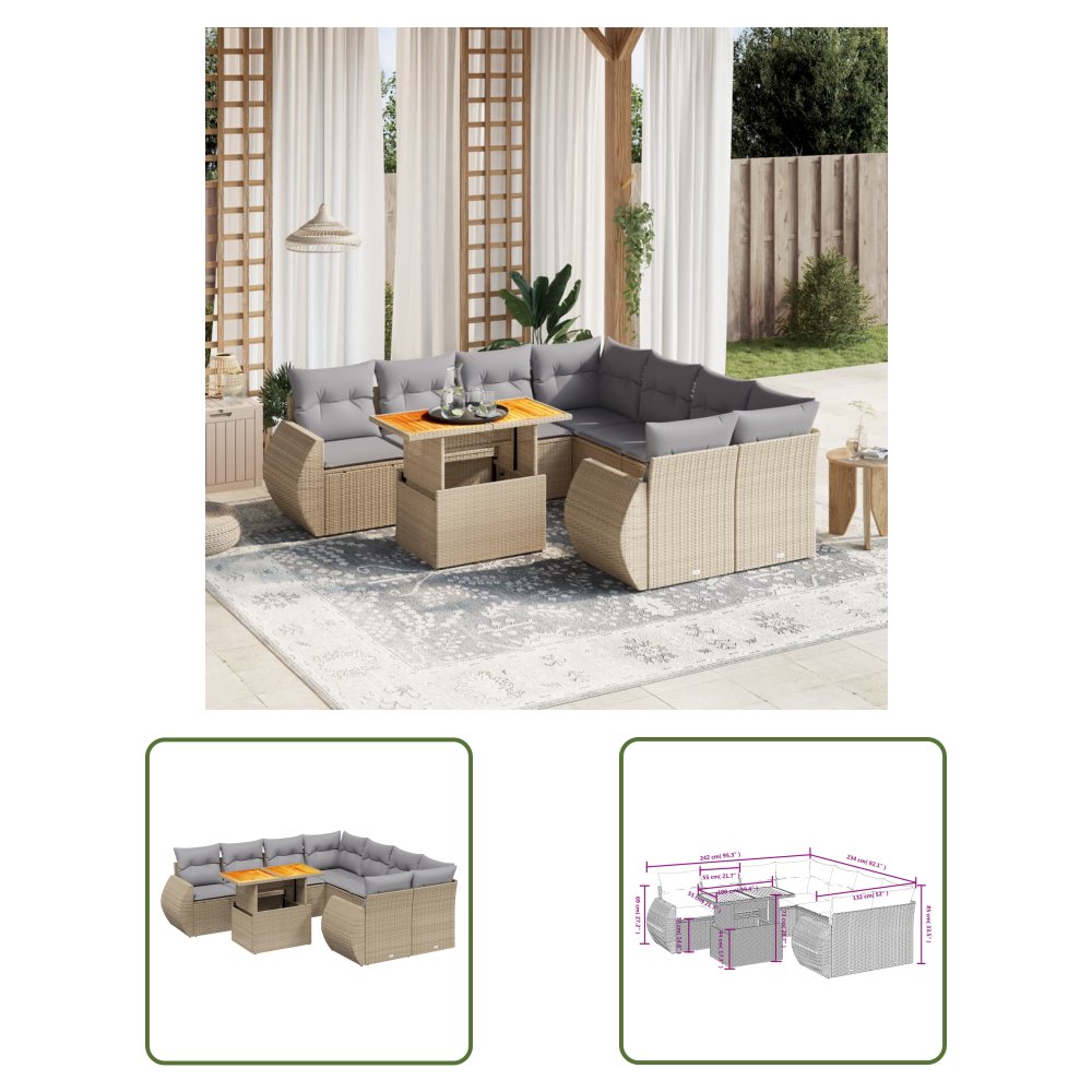 The Living Store 9-cz. zestaw mebli ogrodowych z poduszkami - beżowy - polirattan - Sofa Ogrodowa